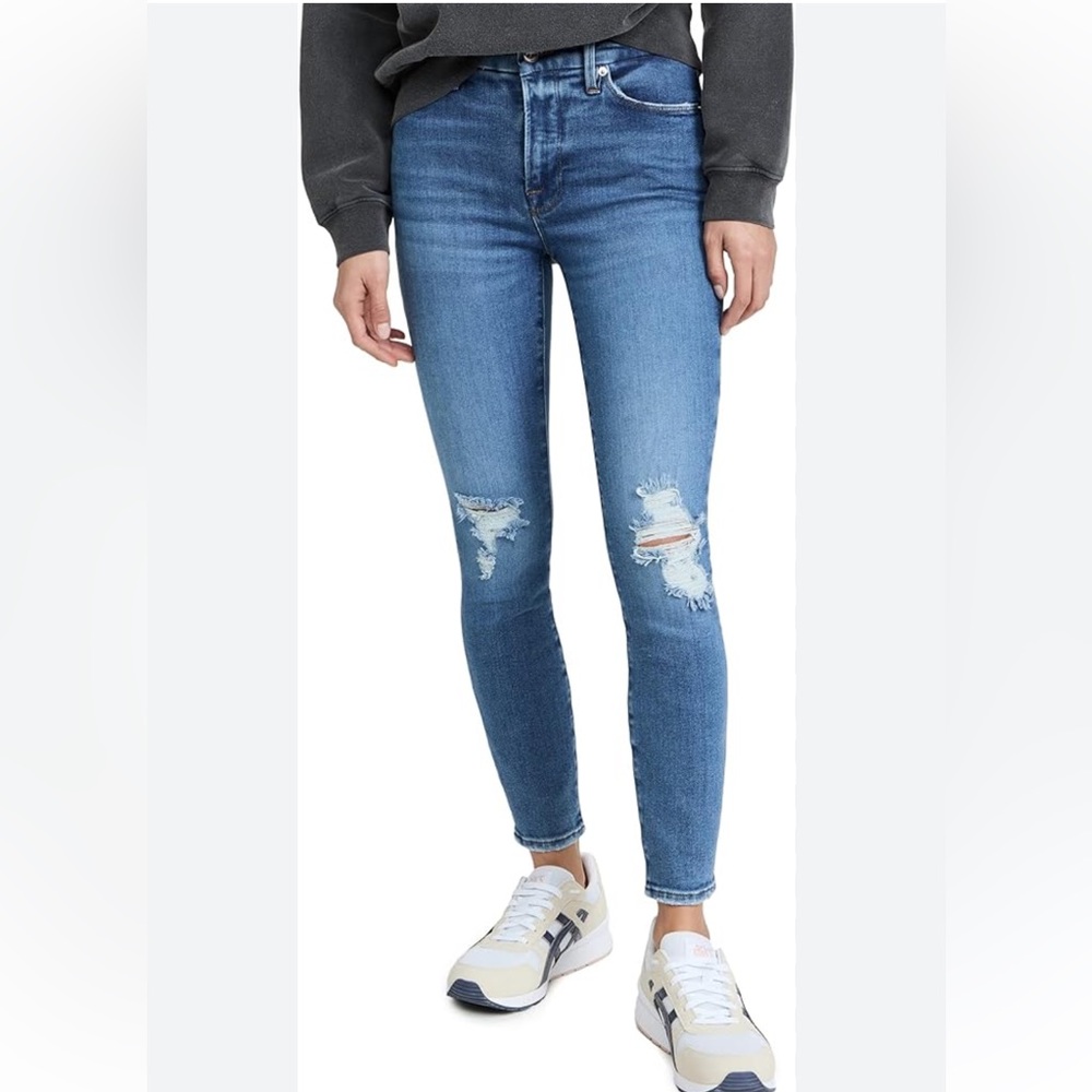 Good American Good Legs Crop Natural Fray Jeans 6 / 28 Distressed Stretch Denim